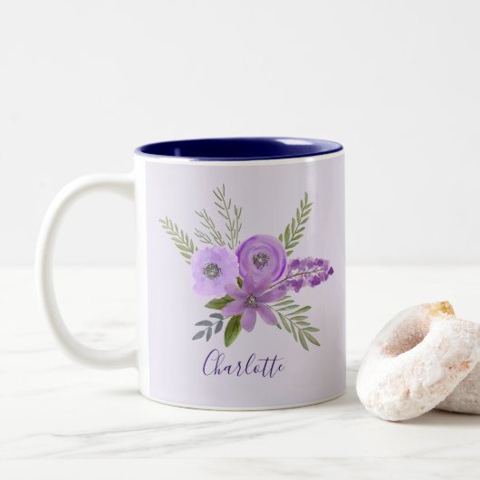 Gepersonaliseerd Floral Violet Paars Lavender Tweekleurige Koffiemok (Met donut)