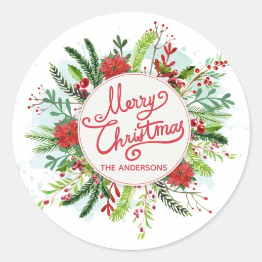 Gepersonaliseerd Floral Wreath Kerst sticker (Voorkant)