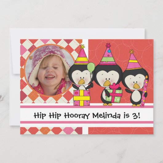 Gepersonaliseerd Foto Penguins Birthday Uitnodigin Kaart (Voorkant)