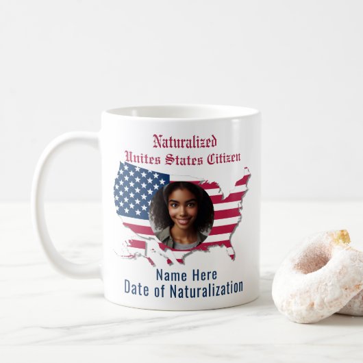 Gepersonaliseerd Foto USA Vlaggenkaart Naturalized Koffiemok (Met donut)