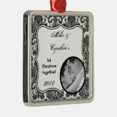 Gepersonaliseerd fotoornament Black White Damask L Metalen Ornament (Rechts)