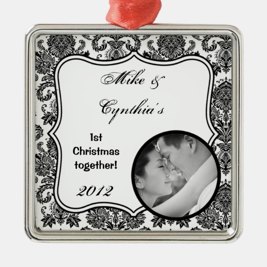 Gepersonaliseerd fotoornament Black White Damask L Metalen Ornament (Voorkant)