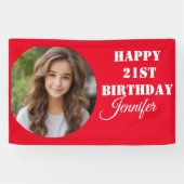 Gepersonaliseerd Fotoscript Rood Gelukkig 21e Verj Spandoek (Horizontaal)