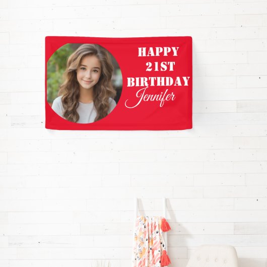 Gepersonaliseerd Fotoscript Rood Gelukkig 21e Verj Spandoek (Insitu)