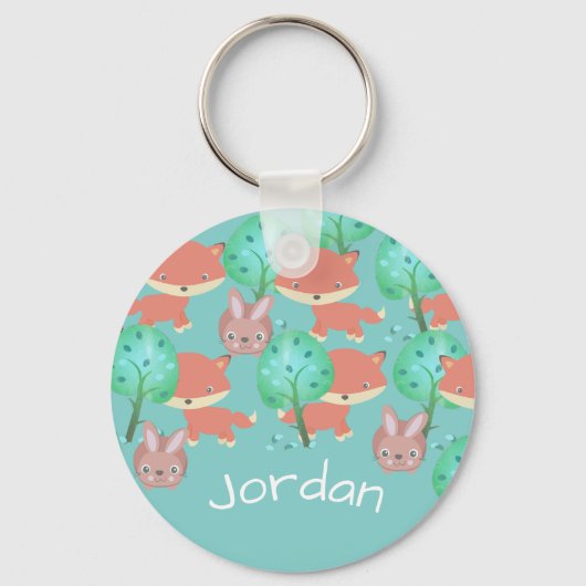 Gepersonaliseerd fox- en bunny Woodland-patroon Sleutelhanger (Voorkant)