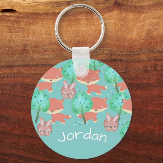 Gepersonaliseerd fox- en bunny Woodland-patroon Sleutelhanger (Voorkant)