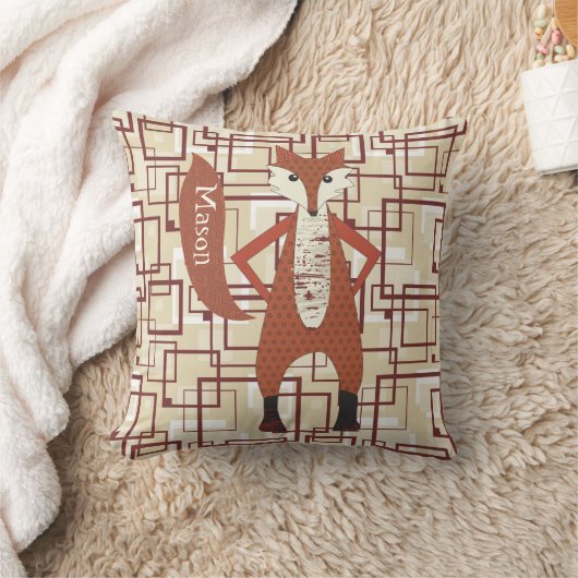 Gepersonaliseerd Fox Retro Brown Tan Geometric Pat Kussen (Deken)