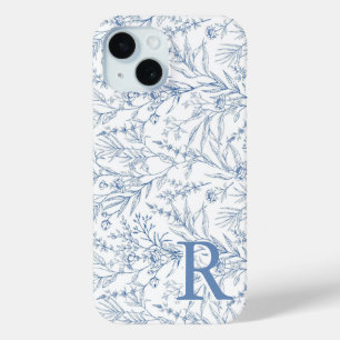 Gepersonaliseerd Frans Bloementoilet Blauw Monogra iPhone 15 Case