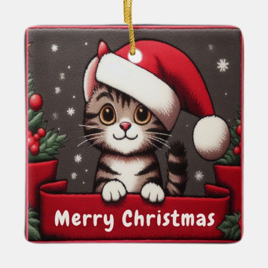 Gepersonaliseerd Funny Christmas Mischievous Tabby Keramisch Ornament (Voorkant)