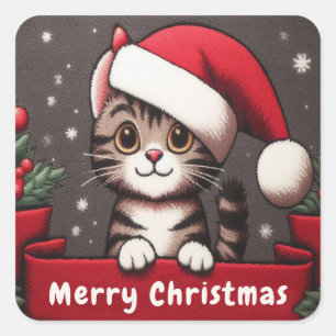 Gepersonaliseerd Funny Christmas Mischievous Tabby Vierkante Sticker