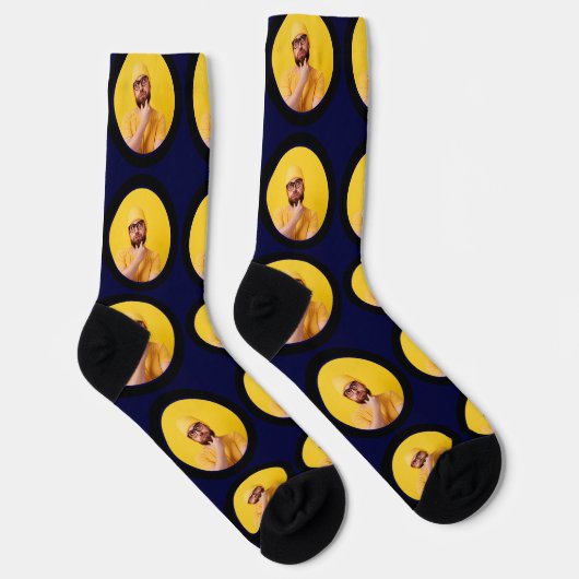 Gepersonaliseerd Funny Face Photo Navy Blue Custom Sokken (Rechts)