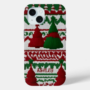 Gepersonaliseerd gebreid kerstboompatroon iPhone 15 case