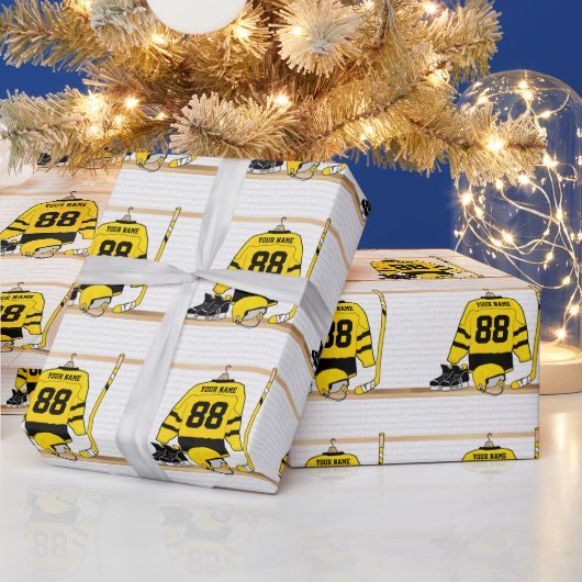 Gepersonaliseerd geel en zwart Ice Hockey Jersey Cadeaupapier (Feestdagen)