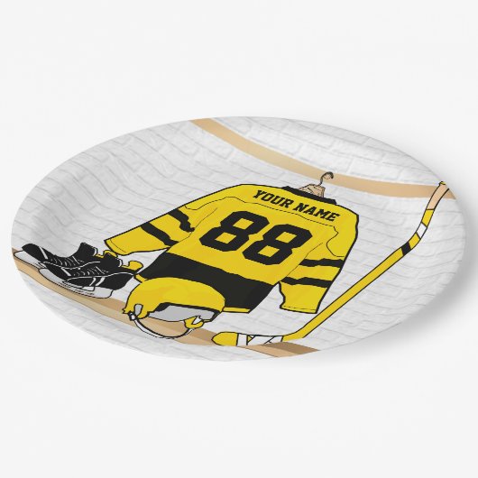 Gepersonaliseerd geel en zwart Ice Hockey Jersey Papieren Bordje (Gekanteld)