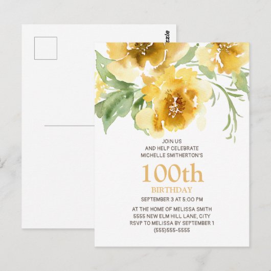 Gepersonaliseerd geel Floral 100th Birthday Briefk Briefkaart (Voorkant / Achterkant)