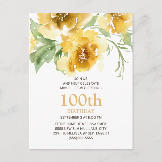 Gepersonaliseerd geel Floral 100th Birthday Briefk Briefkaart (Voorkant)