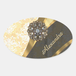 Gepersonaliseerd geel girly damast patroon ovale sticker