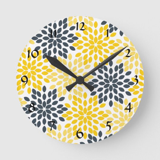 Gepersonaliseerd Geel, Grijze Kool Moderne Floral Ronde Klok (Voorkant)