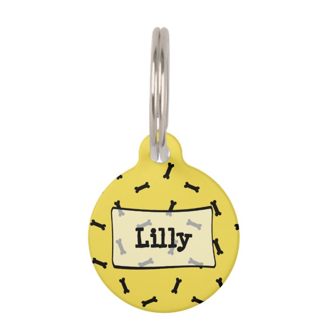 Gepersonaliseerd geel Label van de Dog Bone Cute D Huisdierpenning (Voorkant)