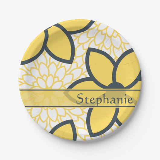 Gepersonaliseerd Geel, Wit, Kool Moderne Floral Papieren Bordje (Voorkant)