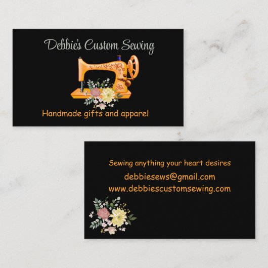 Gepersonaliseerd gele naaimachine op zwart visitekaartje (Voorkant / Achterkant)