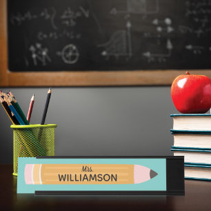 Gepersonaliseerd gele schrijfpotlood leraar bureau naambordje