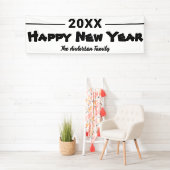 Gepersonaliseerd Gelukkig Nieuwjaar Modern Zwart-w Spandoek (Insitu)