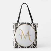 Gepersonaliseerd geometrisch zwart wit goud monogr tote bag (Achterkant)