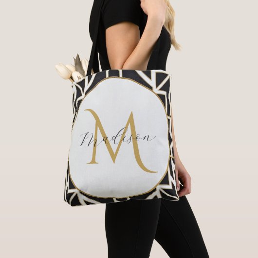 Gepersonaliseerd geometrisch zwart wit goud monogr tote bag (Dichtbij)