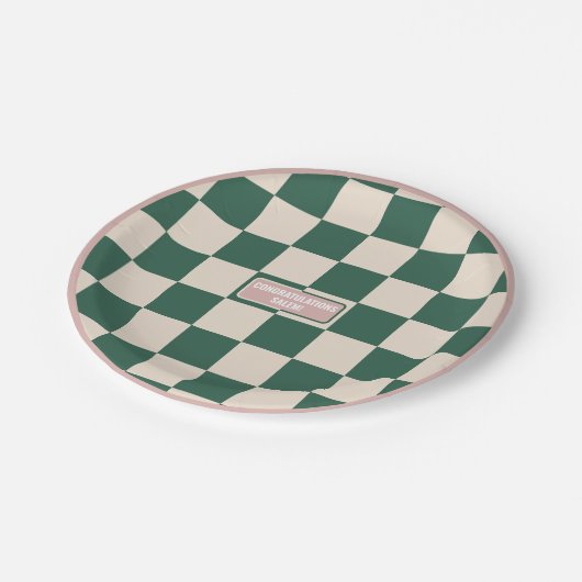 Gepersonaliseerd geruite roze & groen papieren bordje (Gekanteld)