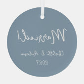 Gepersonaliseerd getrouwd stel handgeschreven blau glas ornament (Achterkant)