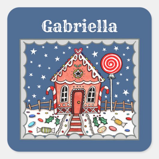 Gepersonaliseerd Gingerbrood House Vierkante Sticker (Voorkant)