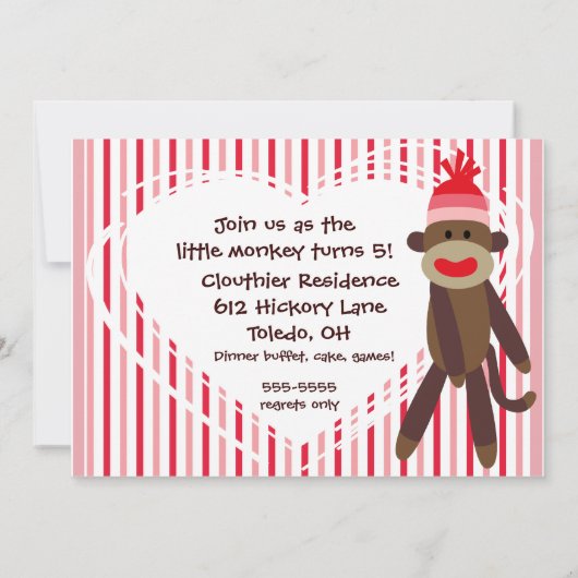 Gepersonaliseerd Girl Sock Monkey 5x7 Uitnodiginge Kaart (Achterkant)