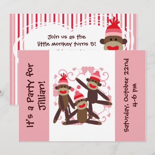 Gepersonaliseerd Girl Sock Monkey 5x7 Uitnodiginge Kaart (Voorkant / Achterkant)
