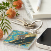 gepersonaliseerd Girly Aqua Damask patroon Sleutelhanger (Voorkant Rechts)