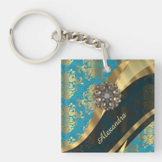 gepersonaliseerd Girly Aqua Damask patroon Sleutelhanger (voorkant)