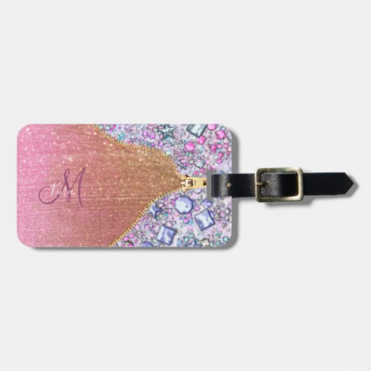 Gepersonaliseerd Girly Gold Glitter Monogrammed Ro Bagagelabel (Voorkant horizontaal)