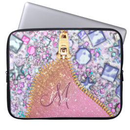 Gepersonaliseerd Girly Gold Glitter Monogrammed Ro Laptop Sleeve