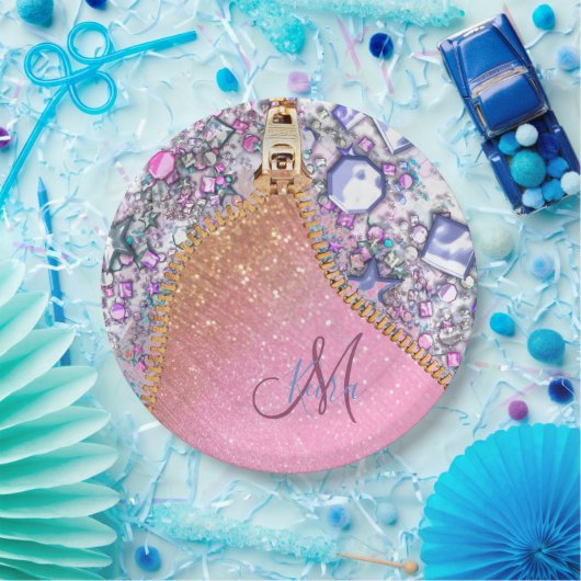 Gepersonaliseerd Girly Gold Glitter Monogrammed Ro Papieren Bordje (Feest)