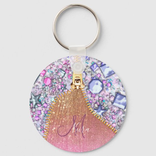 Gepersonaliseerd Girly Gold Glitter Monogrammed Ro Sleutelhanger (Voorkant)