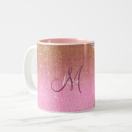 Gepersonaliseerd Girly Gold Glitter Monogrammed Ro Tweekleurige Koffiemok (Voorkant links)