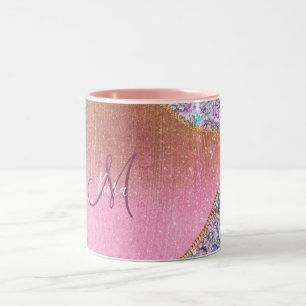 Gepersonaliseerd Girly Gold Glitter Monogrammed Ro Tweekleurige Koffiemok