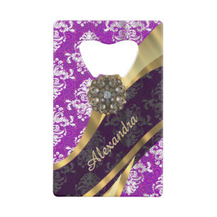 Gepersonaliseerd  girly paarse damast patroon creditkaart flessenopener