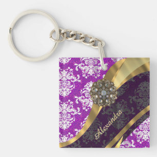 Gepersonaliseerd girly paarse damast patroon sleutelhanger