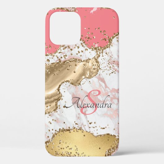 Gepersonaliseerd Girly Pink Glitter Agate Monogram Case-Mate iPhone Case (Achterkant)