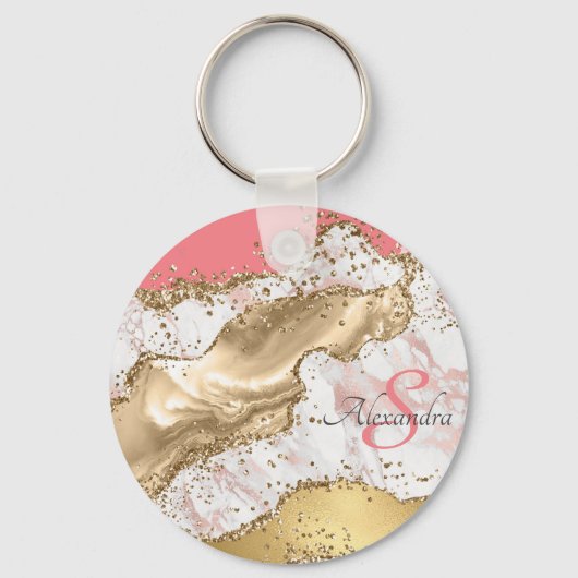 Gepersonaliseerd Girly Pink Glitter Agate Monogram Sleutelhanger (Voorkant)