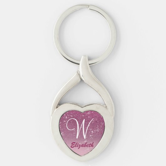 Gepersonaliseerd Girly Pink Glitter Sparkles Monog Sleutelhanger (Voorkant)