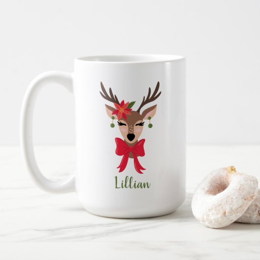 Gepersonaliseerd Girly Reindeer Koffiemok (Met donut)
