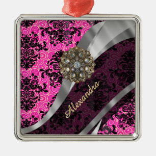Gepersonaliseerd girly roze damast patroon metalen ornament