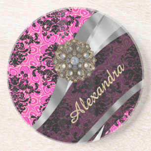 Gepersonaliseerd girly roze damast patroon zandsteen onderzetter